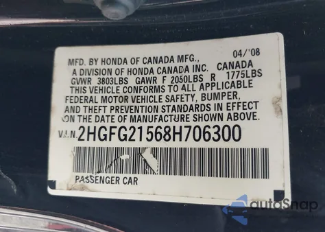 2008 Honda Civic Si из США, поврежденный, VIN 2HGFG21568H706300